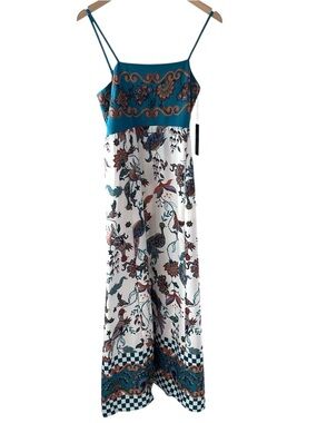 Rachel Zoe Maxi Dress Floral Botanical Peacocks Size 8 Boho Summer Vacation NWT